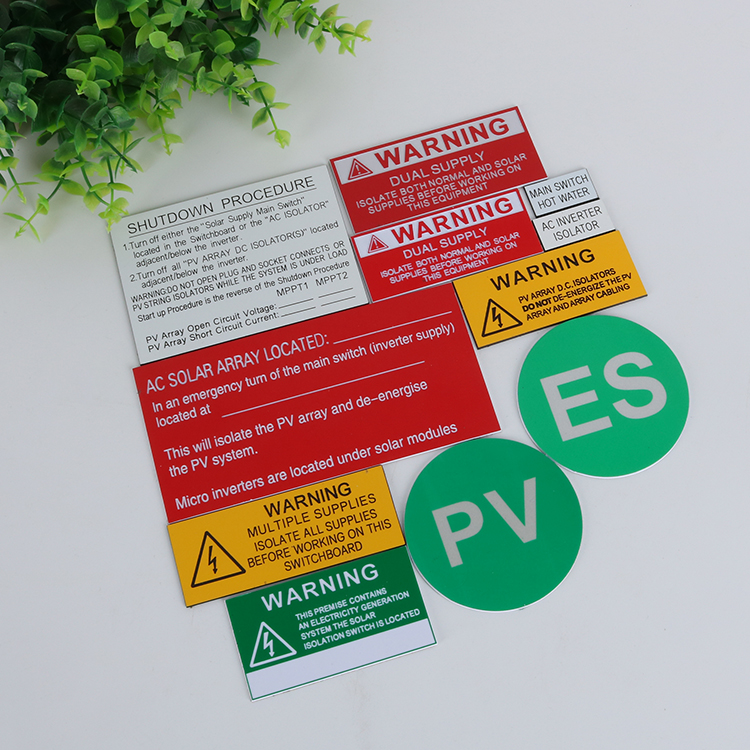 ABS/PVC Engraving/Printing PV Solar Battery label sticker kit sets for Security Warning sign purpose meet AS/NZS & ASTM Standard
